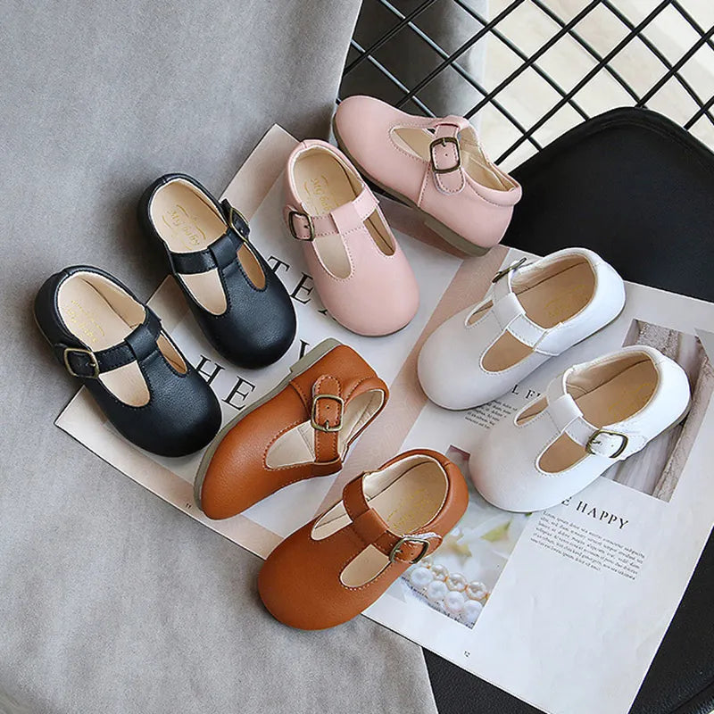 ✿Kids' Leather T-Strap Shoes for Spring/Autumn: Non-Slip Mary Janes with Buckle Flats✿