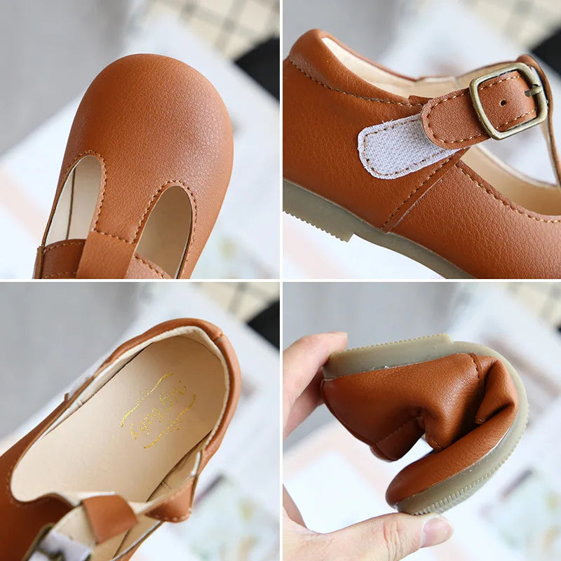 ✿Kids' Leather T-Strap Shoes for Spring/Autumn: Non-Slip Mary Janes with Buckle Flats✿